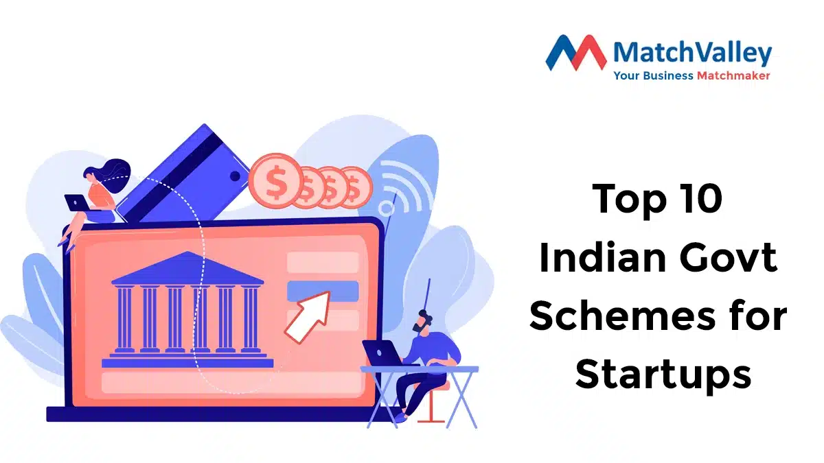 illustration of govermnet building and a person searching in laptop for Indian Govt Schemes for Startups