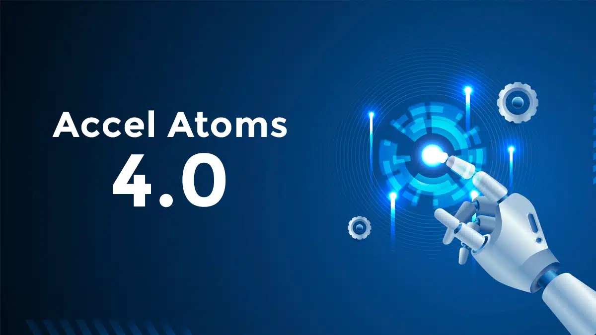 Robotic hand interacting with futuristic interface -.Accel Atoms 4.0 program for startups