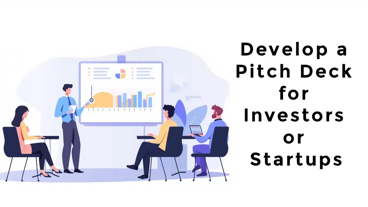 Illustration of three people sitting and discussing how to develop a pitch deck for investors or startups