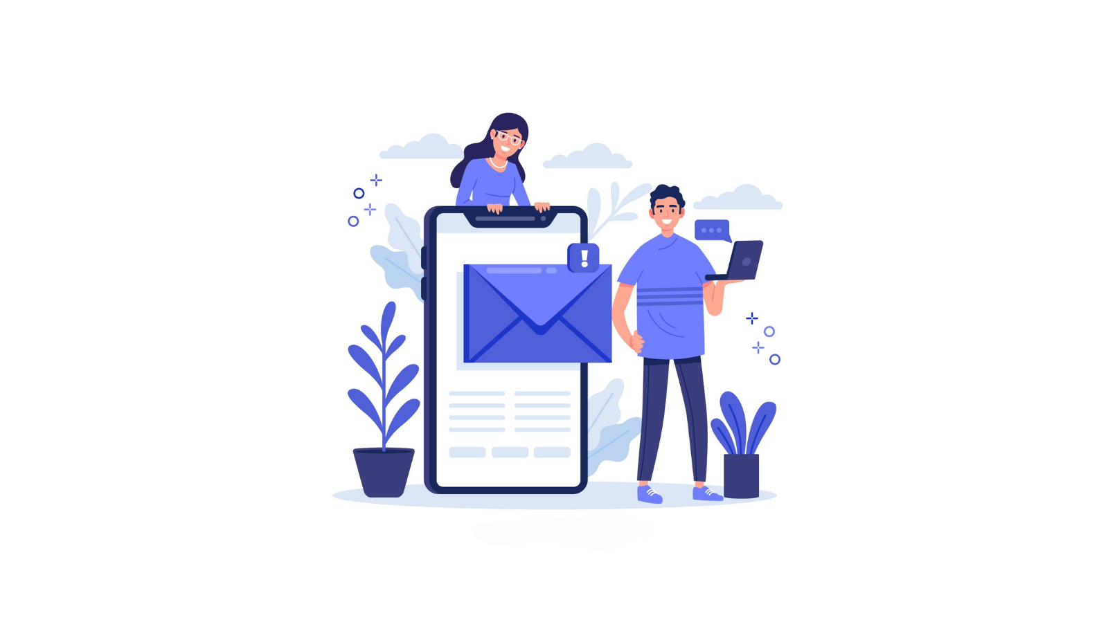 Illustration of people managing email content, showing why to buy a newsletter business in 2026