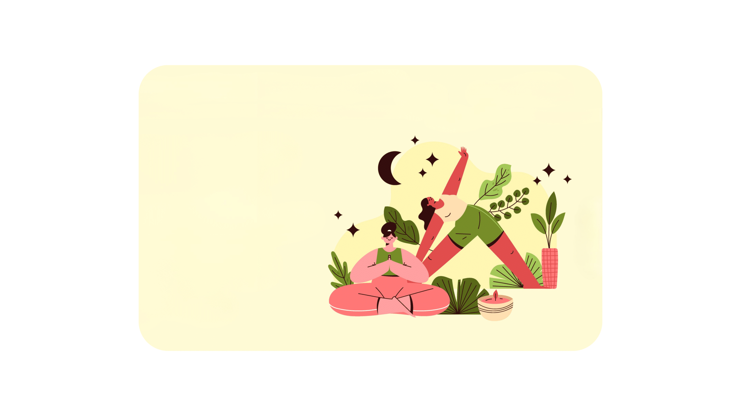 Illustration representing Ayurveda wellness and holistic lifestyle, showing people practicing yoga and meditation, symbolizing acquiring heritage wellness brands for D2C export.