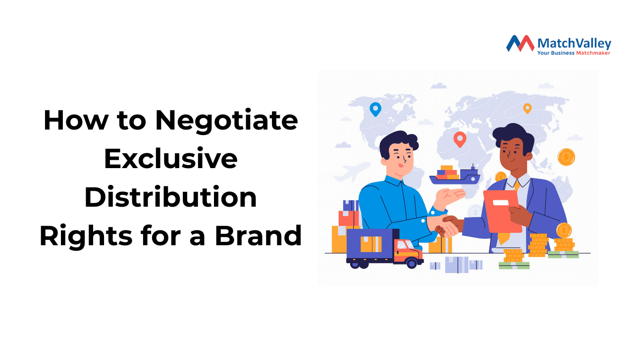 An illustrated blog banner for MatchValley showing two businessmen shaking hands against a world map background, with logistics elements like a delivery truck, shipping boxes, and gold coins, titled "How to Negotiate Exclusive Distribution Rights for a Brand."