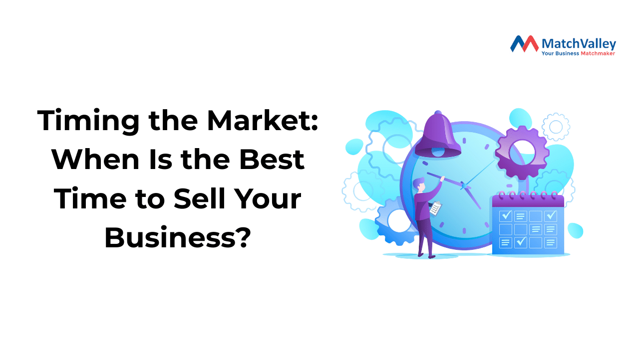 Illustration showing a business exit strategy to an owner with a clock and gears - when is the best time to sell your business