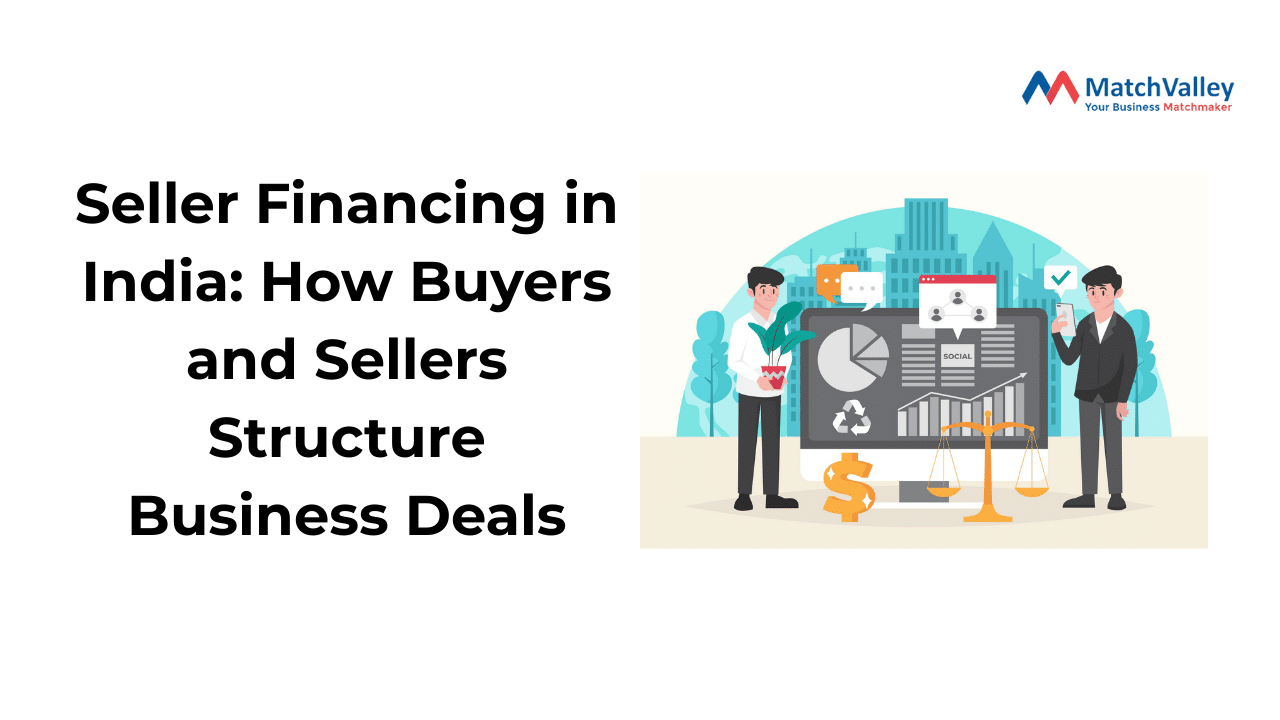 Illustration showing seller financing in India where buyers and sellers structure business deals with financial charts, money symbols, and business professionals.